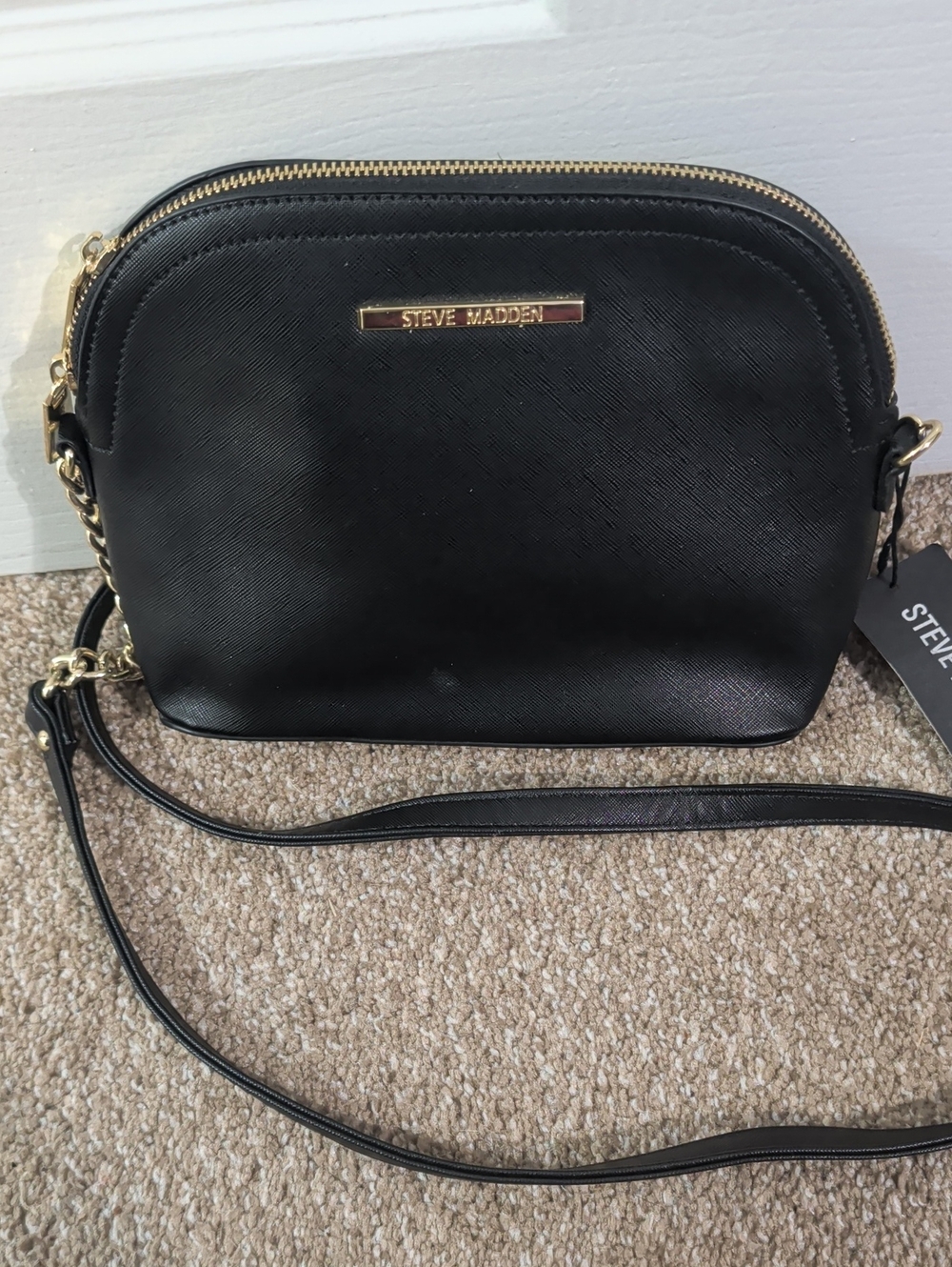 NWT Steve Madden Black Faux-Leather Crossbody with Gold Accent